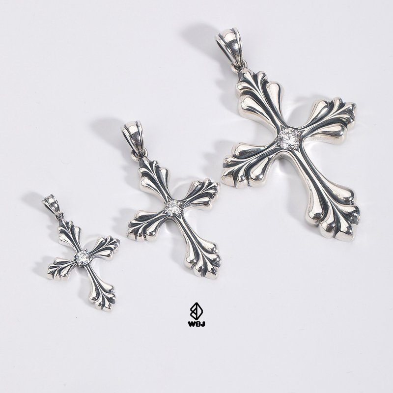 Wbj custom jewelry vintage sterling silver solitaire cross pendant necklace - สร้อยคอ - เงินแท้ สีเงิน