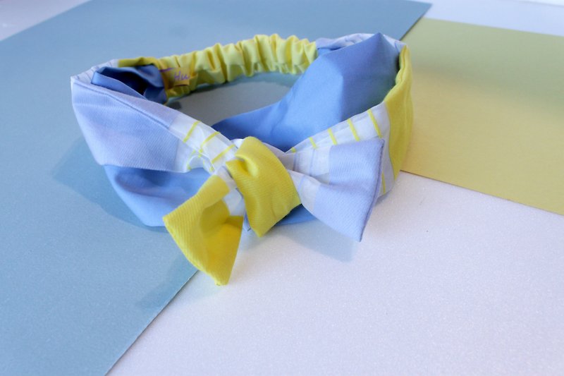 Blue & Yellow Chambray  Chiffon Headband - ที่คาดผม - ผ้าฝ้าย/ผ้าลินิน สีน้ำเงิน