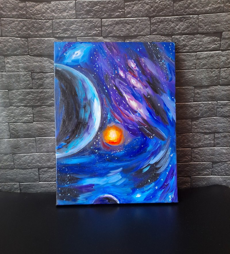 Galaxy oil painting Space oil painting Starry sky Outer space 銀河油畫 - โปสเตอร์ - ผ้าฝ้าย/ผ้าลินิน สีน้ำเงิน