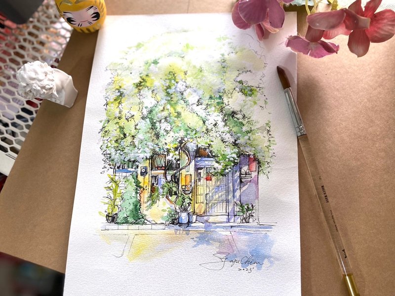 【一人成團】雪白九重葛花下的店鋪。Joyce 的紙上旅行 - 插畫/繪畫/寫字 - 紙 
