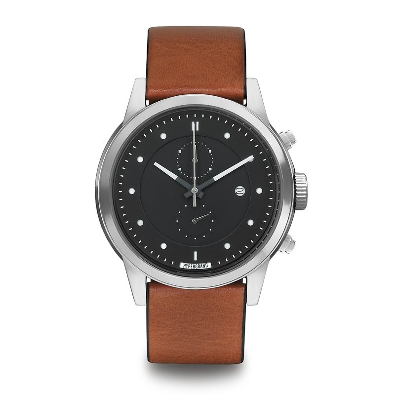 Maverick Chrono Cold Steel Chronograph - Silver Black Dial Honey Leather Watch - นาฬิกาผู้ชาย - หนังแท้ สีนำ้ตาล