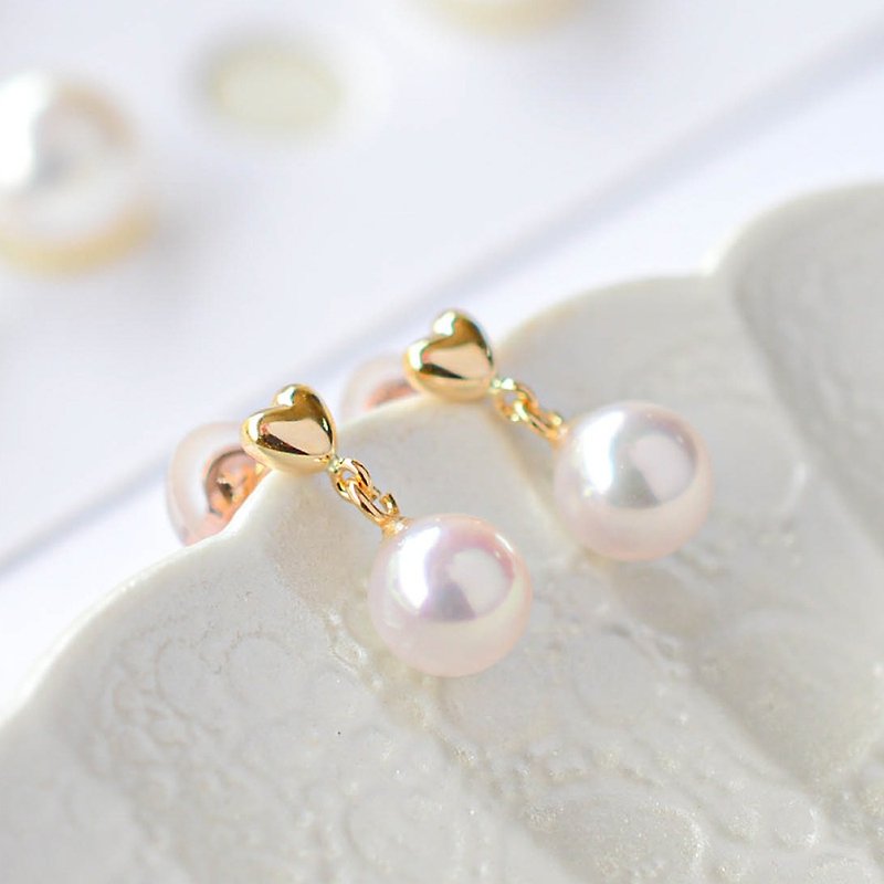 Akoya pearl heart earrings K18 - ต่างหู - ไข่มุก 