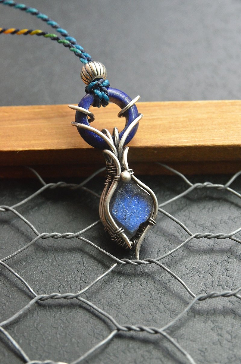 [Magic Bean] - Pure Silver Thread Braiding - Labradorite Lapis Lazuli Pure Silver Thread Braiding Necklace - สร้อยคอ - เงินแท้ สีดำ