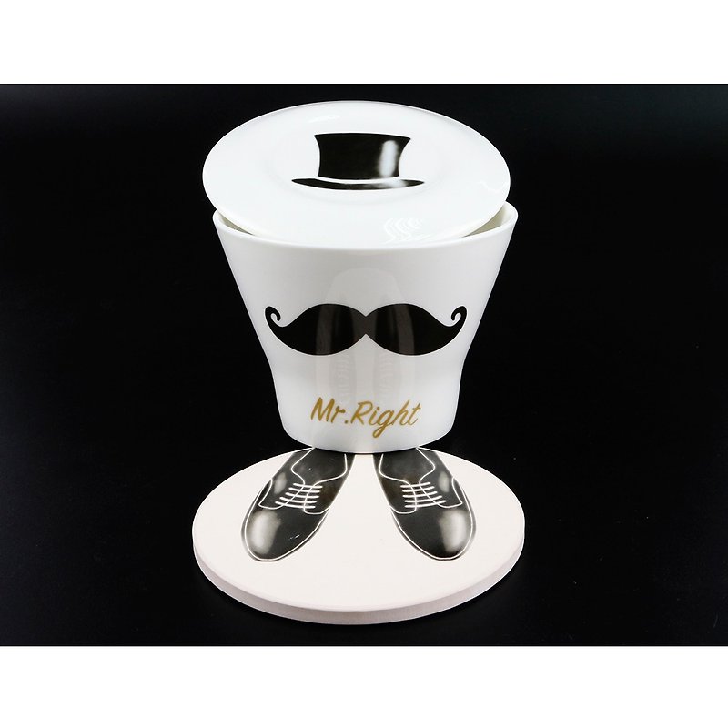 Engels Co. Mr. Right 拿鐵蓋杯+陶瓷吸水杯墊組 - 咖啡杯/馬克杯 - 瓷 黑色