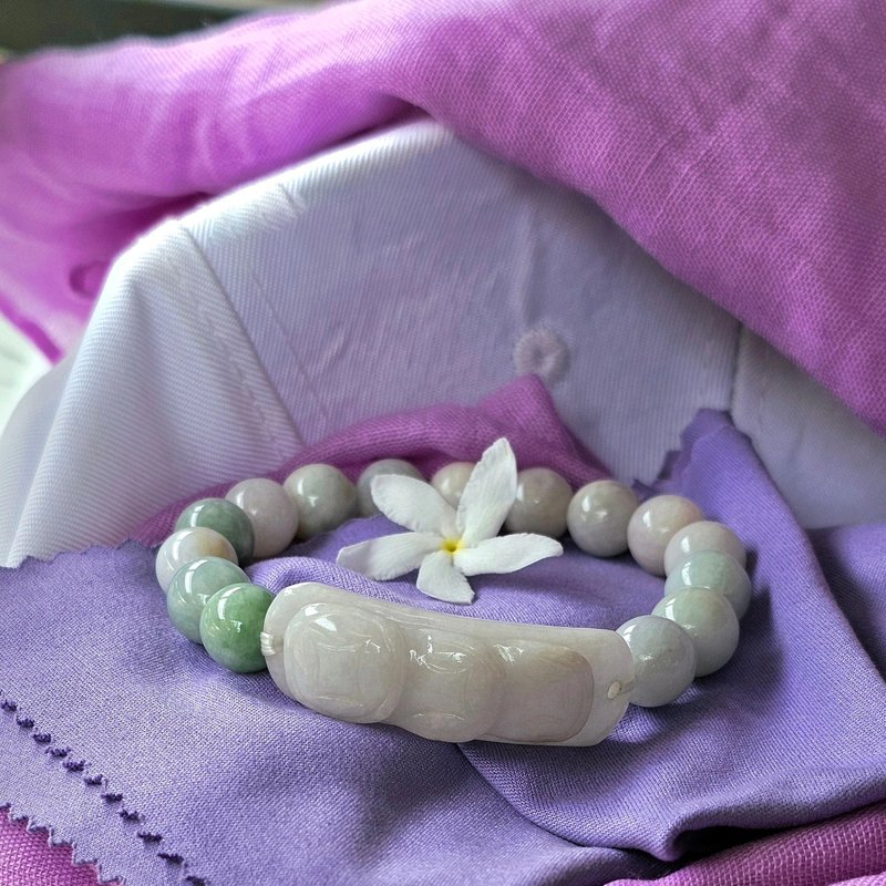 Burmese jade bracelet carved with Chinese coins, handmade round beads, natural jade Type A, size 9.5 mm. - 手鍊/手環 - 玉石 白色