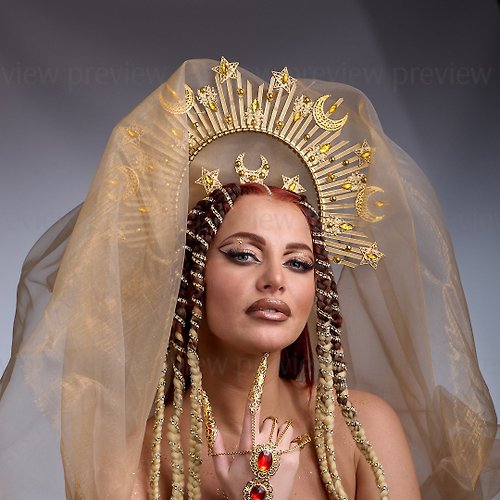LepotaAccessories Star moon halo crown Gold Sun goddess headpiece Celestial wedding bridal tiara