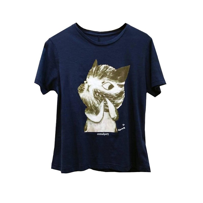 emmaAparty插畫T:折手指貓咪(短版限量款) - 女 T 恤 - 棉．麻 藍色