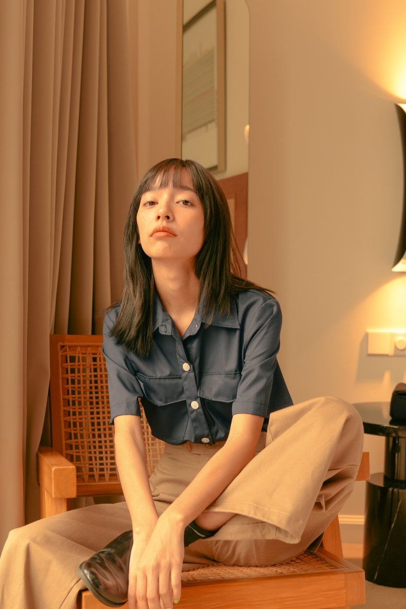Highestjump BubbleGum Shirt (Navy) - 女襯衫 - 棉．麻 藍色