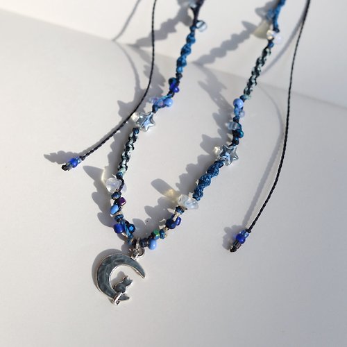ELBRAZA Moon Cat blue woven waxed cord choker necklace