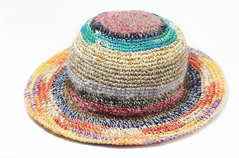 Hand twist cotton Linen knit cap / knit cap / hat / crochet hats / straw hat - Gradient colorful South American tone (limit one) - Hats & Caps - Cotton & Hemp Multicolor