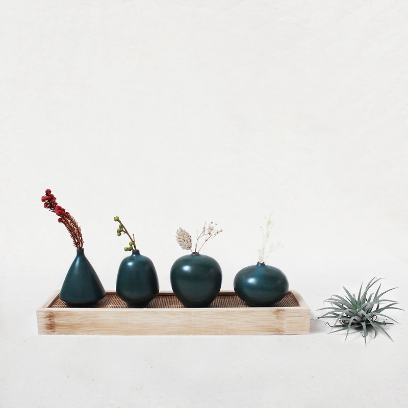 手工陶瓷迷你花器组合套 （墨绿色） - 花瓶/花器 - 陶 綠色