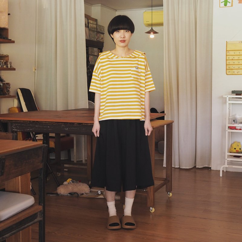 cat pocket little cape collar t-shirt : mustard × white - 女 T 恤 - 聚酯纖維 黃色