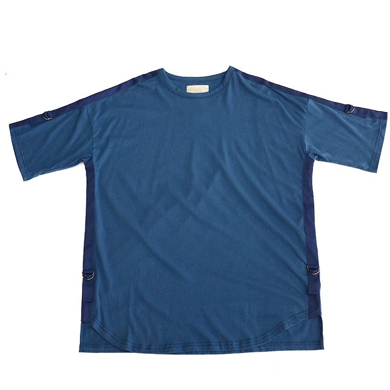 藍色 織帶配飾 鬆身落肩 T恤 - 男 T 恤 - 棉．麻 藍色