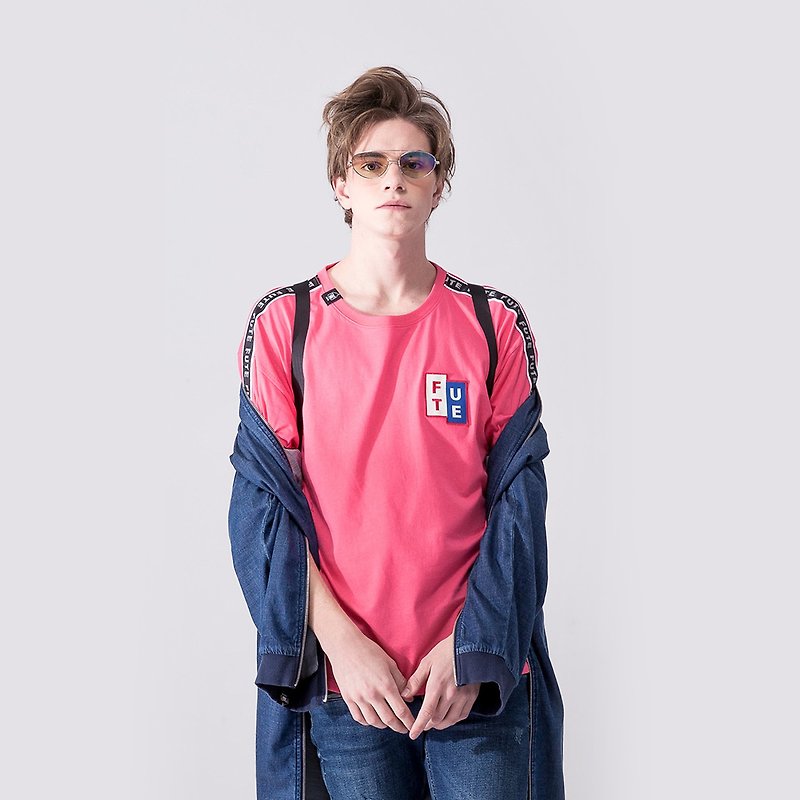 【中性款】 寬鬆落肩 反光織帶多色t-shirt / 桃紅 - 男 T 恤 - 棉．麻 粉紅色