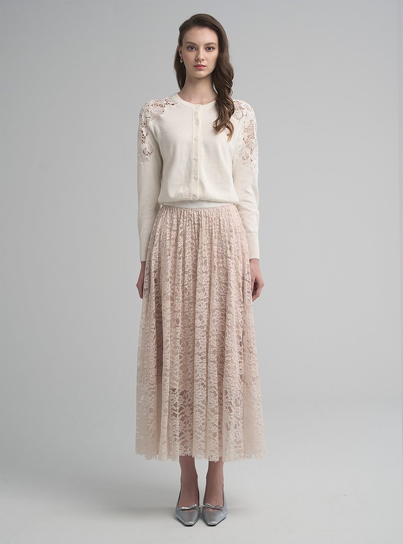 Laetitia法式蕾絲百搭優雅壓摺裙 (奶茶橘) - 裙子/長裙 - 其他人造纖維 