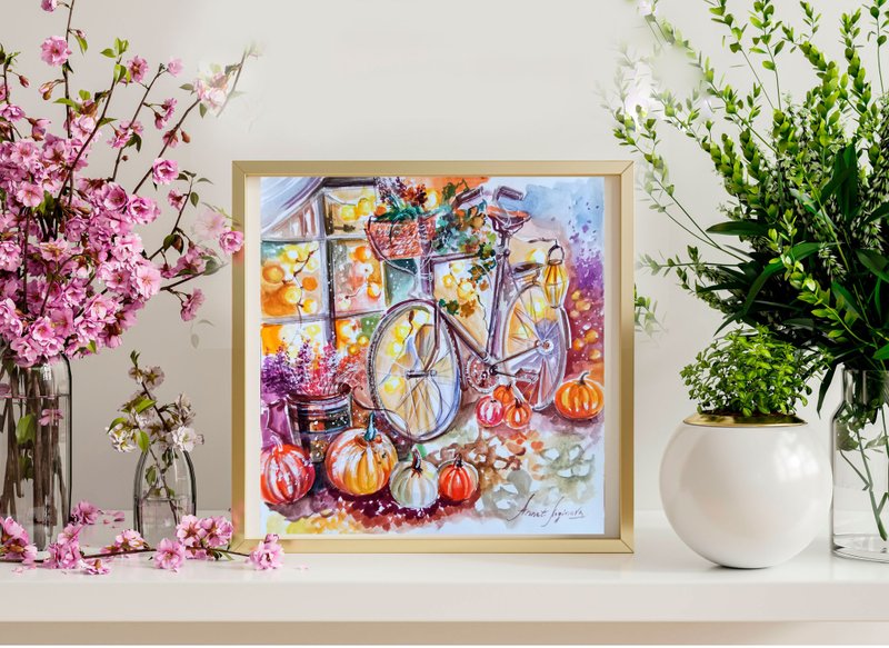 Riding Into Autumn. Original Watercolor Painting. - ตกแต่งผนัง - กระดาษ หลากหลายสี