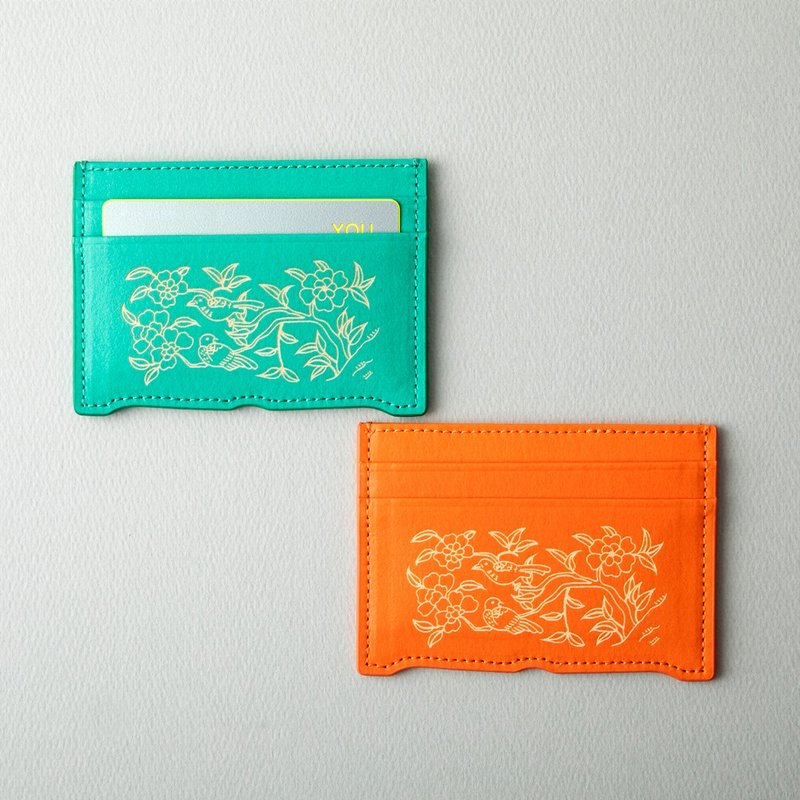 Vegan eco Korean traditional paper leather peony blossom card wallet - 皮夾/長短夾/錢包 - 其他材質 綠色