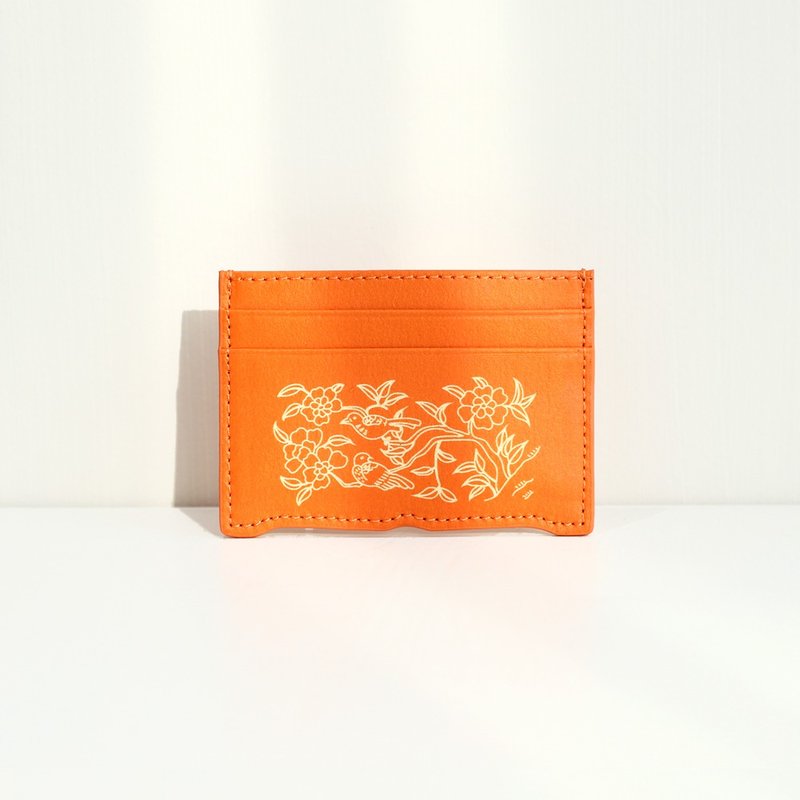 Vegan eco-friendly Hanji Leather Peony and Birds 韓国 誕生日プレゼント Card Wallet Orange - 錢包/皮夾/長短夾 - 環保材質 綠色