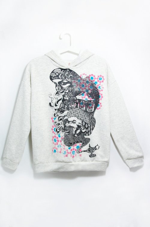 omhandmade 聖誕禮物 女裝 保暖純棉內絨毛連帽長袖上衣/ 連帽Tee - 跟著神燈去旅行吧! (麻花灰)