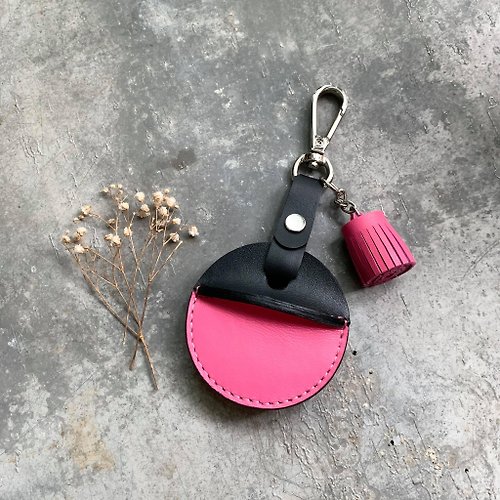 KAKU皮革設計 gogoro鑰匙皮套 活動鉤環+小流蘇 黑+粉紅客製化禮物