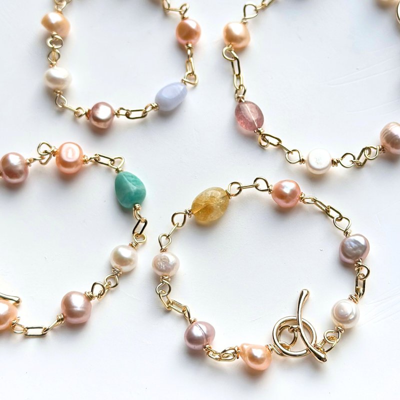 [Simple Crystal Mine Bracelet] OT buckle bracelet//Pearl/Strawberry Quartz/Citrine/ Stone/Blue Agate - สร้อยข้อมือ - ไข่มุก 