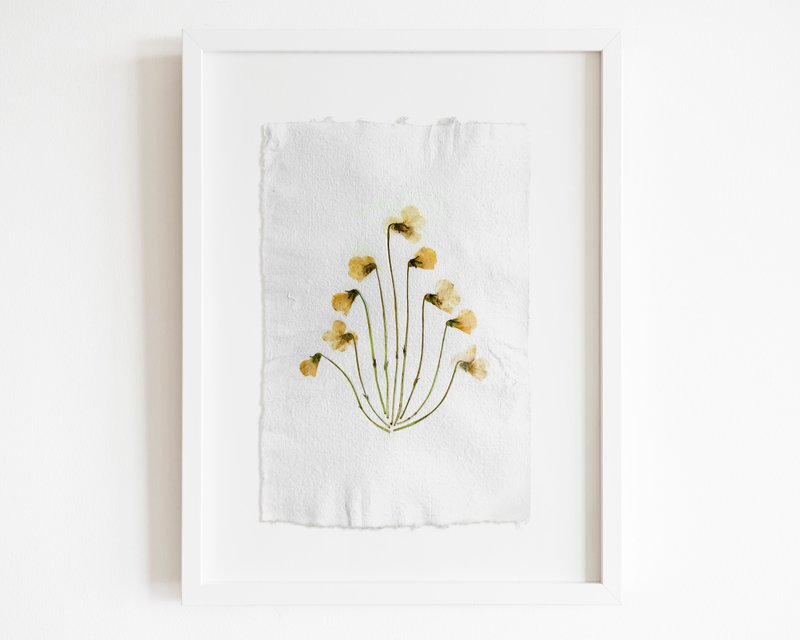 White violet pressed flower and Green plant original artwork Handmade paper art - 海報/掛畫/掛布 - 紙 綠色