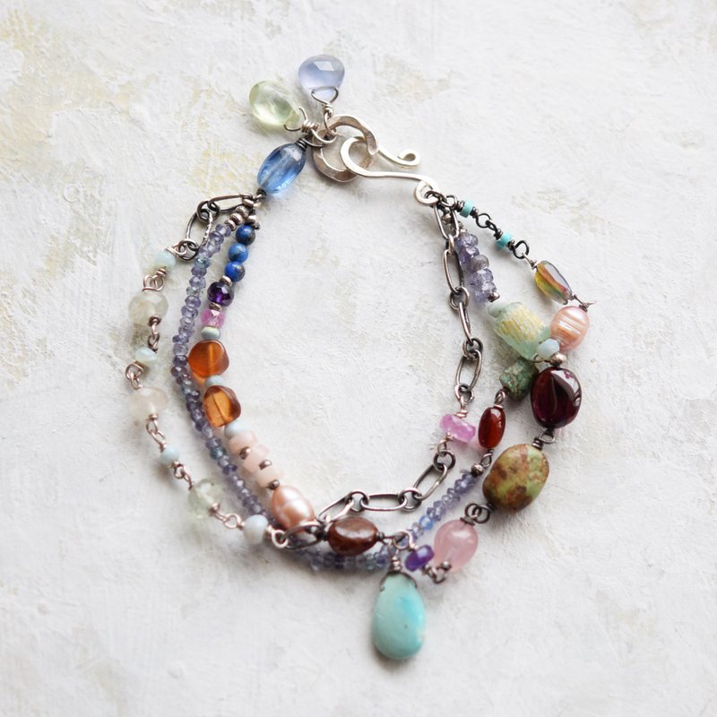 silver925 muiti gemstone and arizona turquoise multi strand bracelet - สร้อยข้อมือ - เครื่องประดับพลอย หลากหลายสี