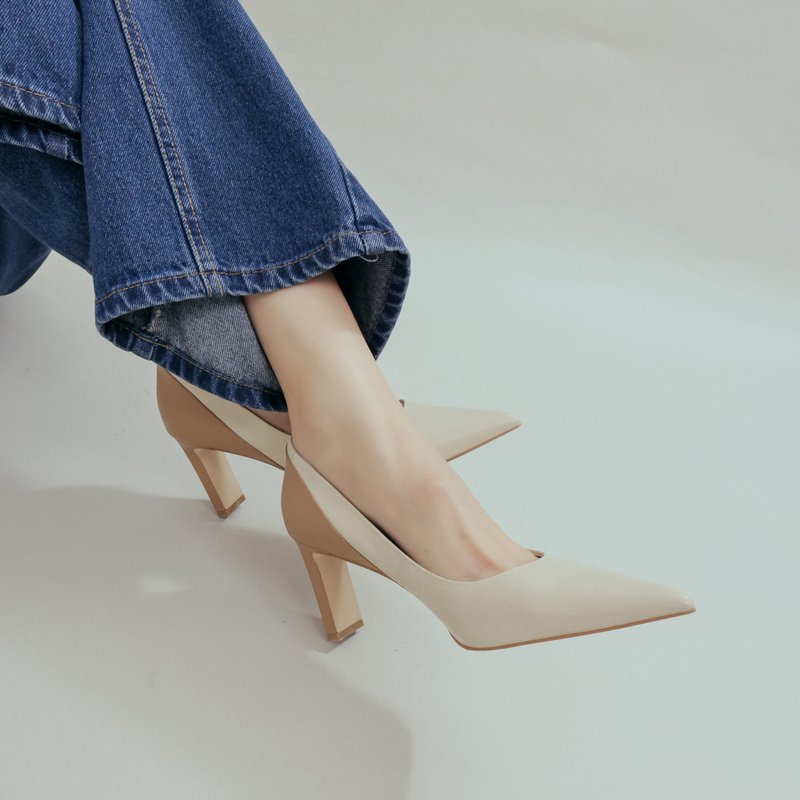 Contrast color heel-pointed thick high heels-off-white - High Heels - Genuine Leather White