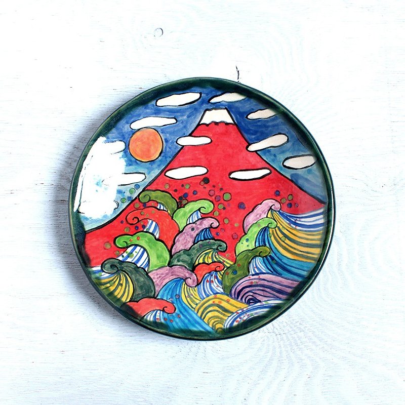 「赤富士と波と白い雲」色絵皿 - 花瓶・植木鉢 - 陶器 多色