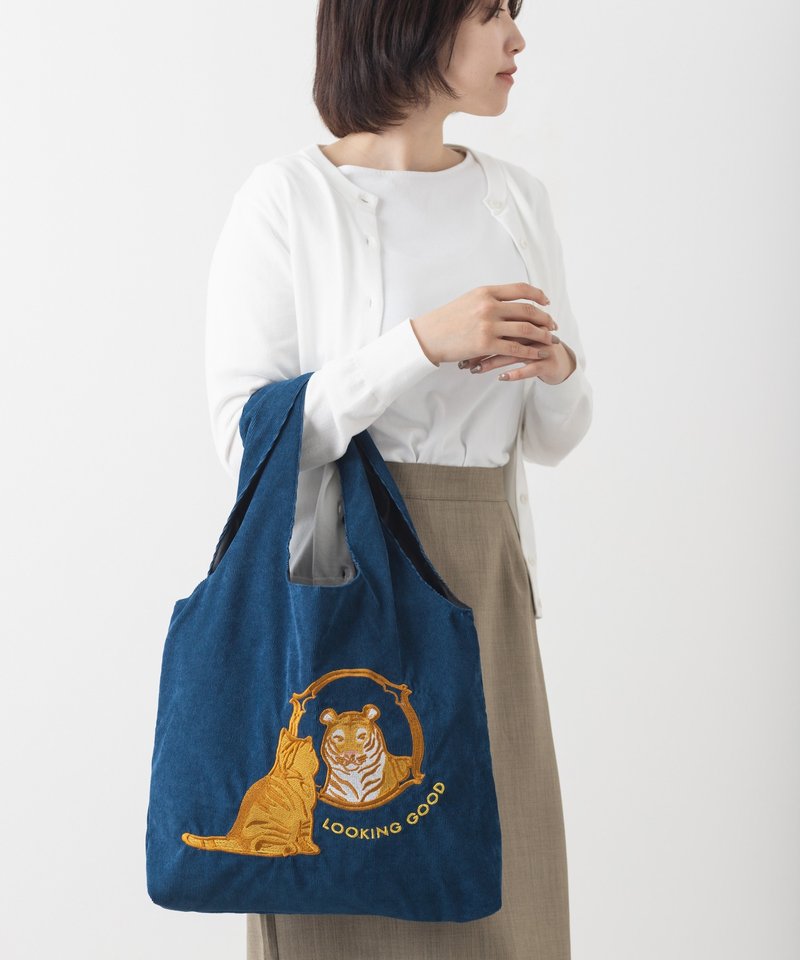 Jubilee アニマル刺繍 コーデュロイトートバッグ 猫  ネイビー - 側背包/斜背包 - 聚酯纖維 藍色