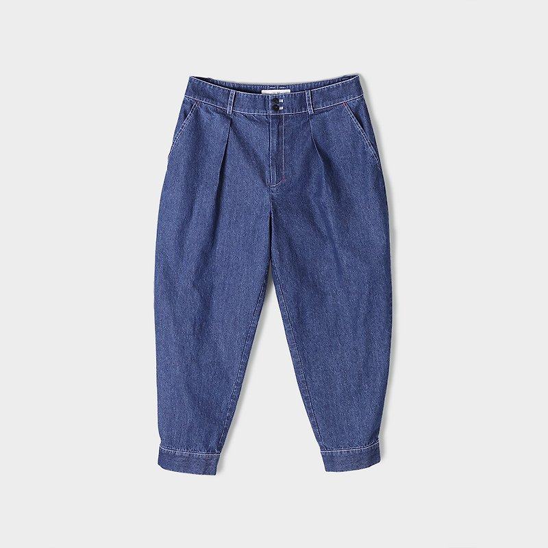 Cotton denim back buttoning pants - กางเกงขายาว - ผ้าฝ้าย/ผ้าลินิน สีน้ำเงิน