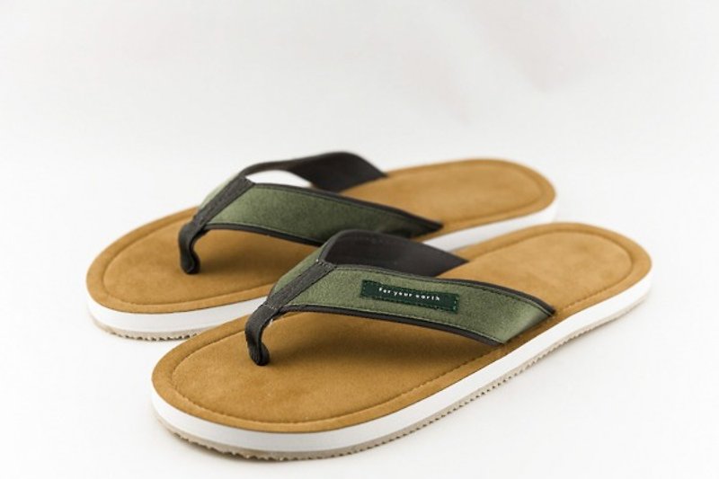 FYE green flip-flops men's casual French Japanese technology olive green Ultrasuede microfiber material, soft, comfortable (recycling concept, durable, does not break down) Get a text blue cloth - รองเท้าลำลองผู้ชาย - วัสดุอื่นๆ สีเขียว