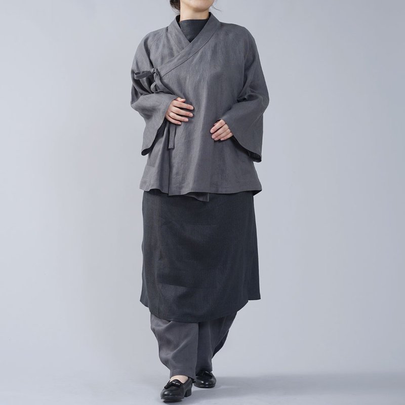 wafu - 中厚 リネン 作務衣 和装 禅 羽織 ラグランスリーブ ベルスリーブ リネン カーディガン 男女兼用/ディムグレー h037e-dmg2 - 女上衣/長袖上衣 - 亞麻 灰色