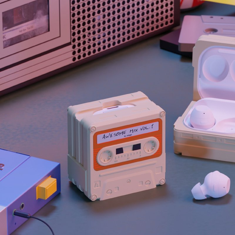 Samsung Galaxy Buds FE/2/Live/Pro/Pro 2 Retro Cassette Case-Classic White - ที่เก็บหูฟัง - ซิลิคอน ขาว