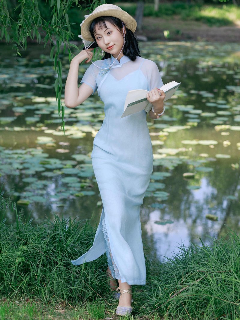夏季新品原創復古薄紗顯白優雅改良新中式旗袍/裙子 - 旗袍/改良式旗袍 - 其他材質 藍色