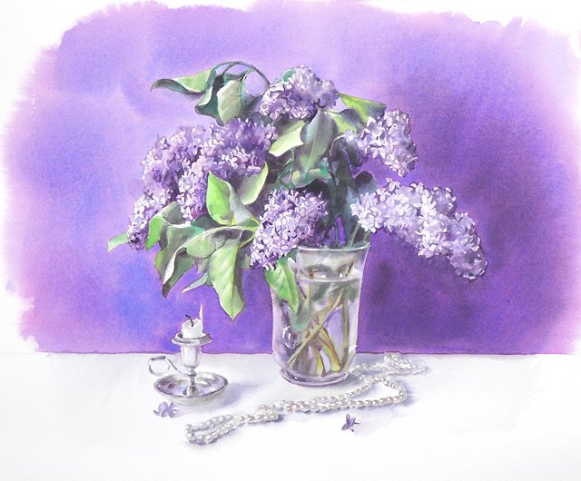 アーティストIrinaZhunaevaによる花瓶オリジナル水彩画のライラック 