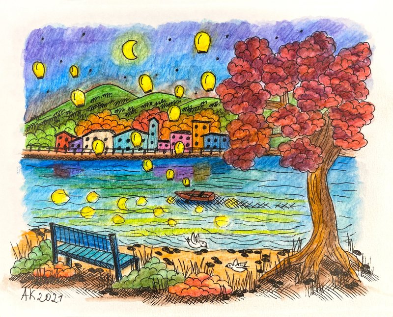 秋夜 1 水彩畫、風景畫、自然畫 - 牆貼/牆身裝飾 - 其他材質 藍色