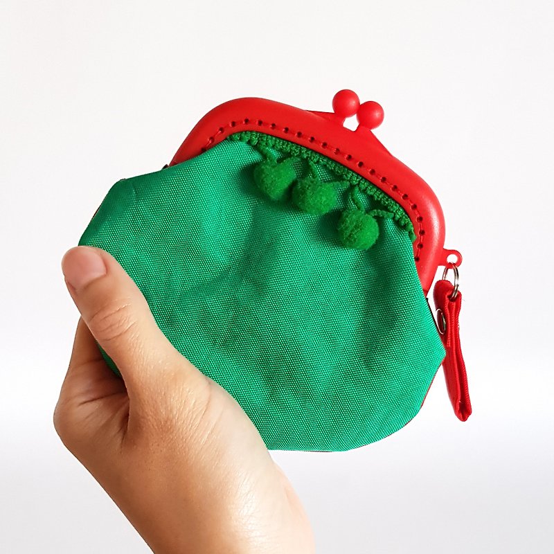 綠皮西瓜紅了/綠色毛球/黑色毛球/流蘇口金零錢包 - 散紙包 - 棉．麻 紅色