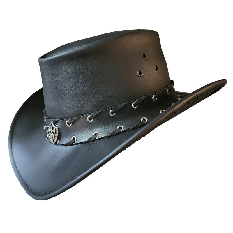 Sheild Rivet Band Black Leather Cowboy Hat - Hats & Caps - Genuine Leather Black