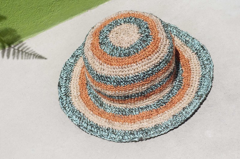 Hand-woven cotton Linen hat knit cap hat sun hat straw hat - blue Mediterranean orange soda - Hats & Caps - Cotton & Hemp Multicolor
