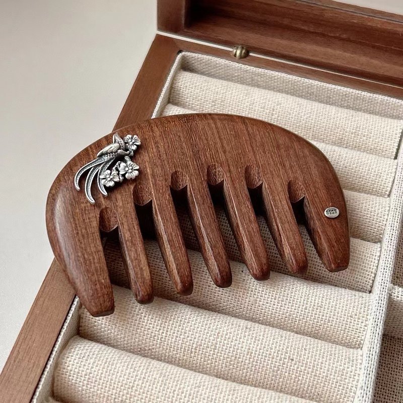 新款金絲檀木梳鑲嵌925銀櫻花 鳳凰花開檀木梳子 - 髮箍/髮帶 - 木頭 