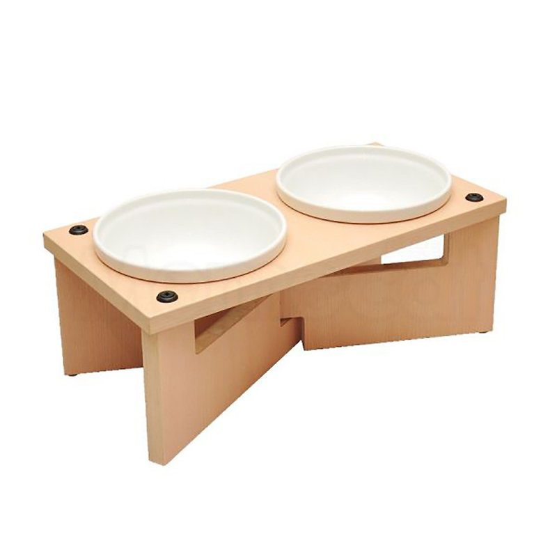 [MOMOCAT] X-shaped dog dining table with double mouth height 15cm with No. 2 porcelain bowl - three wood colors - ชามอาหารสัตว์ - ไม้ 