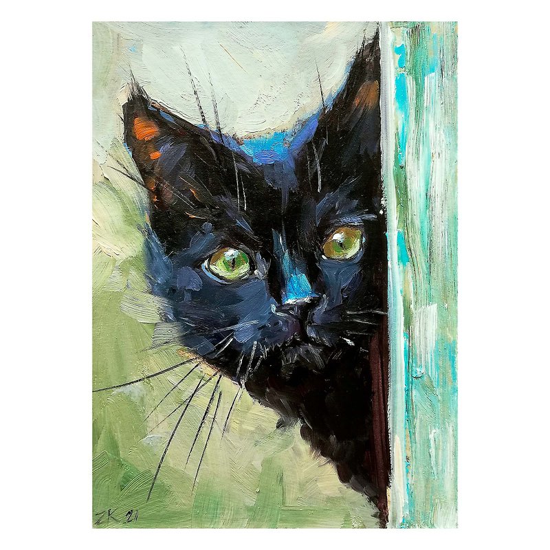 Cat Painting Pet Original Oil Art Black Cat Portrait Cat Art Animal Canvas Art