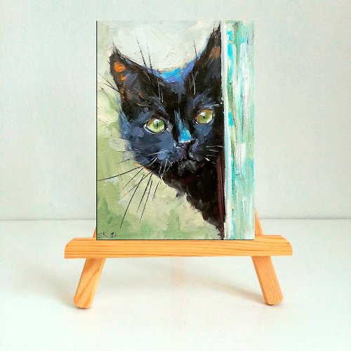 猫の絵ペットオリジナルオイルアート黒猫の肖像猫アート動物 