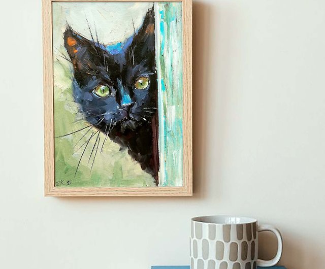猫の絵ペットオリジナルオイルアート黒猫の肖像猫アート動物キャンバス 