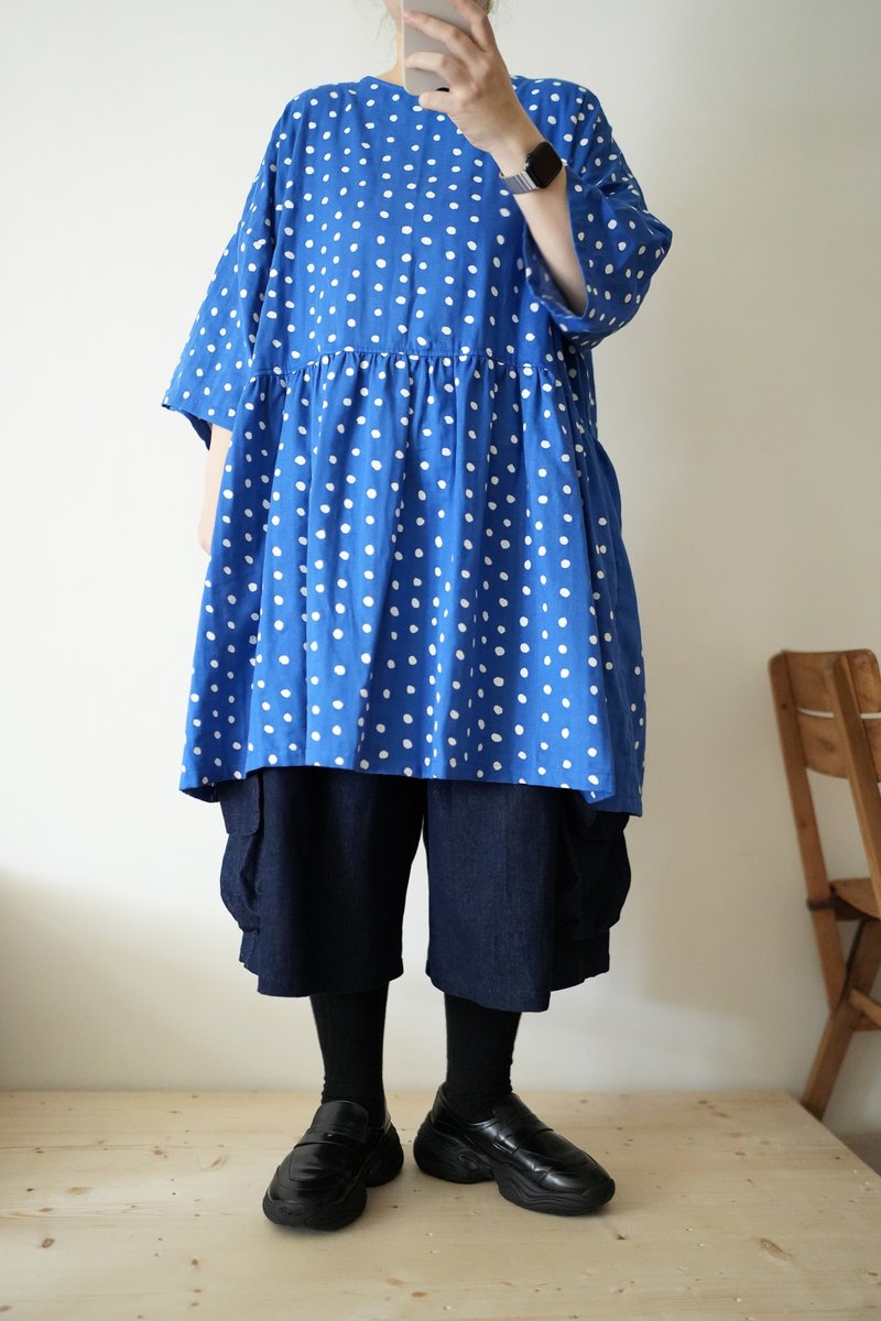 軟軟的寶藍點點短版小洋裝 - 洋裝/連身裙 - 棉．麻 藍色