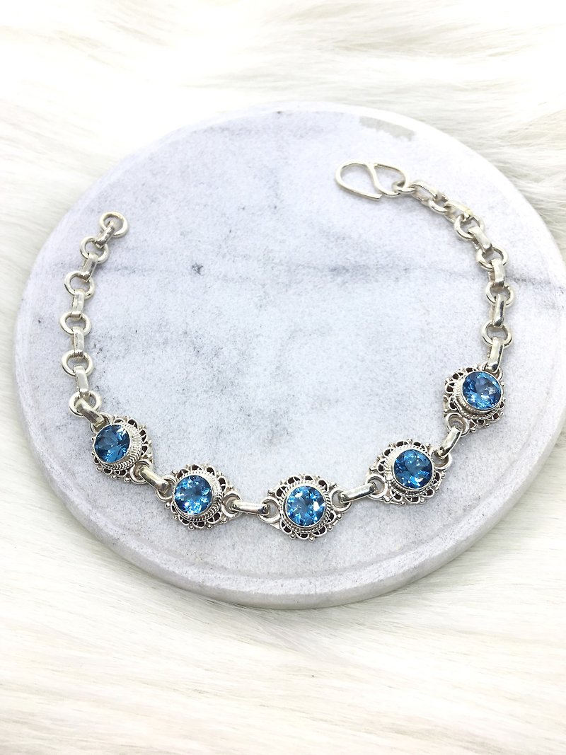 Blue Topaz 925 Sterling Silver Round Elegant Lace Design Bracelet Nepal Handmade Silverware - Bracelets - Gemstone Blue