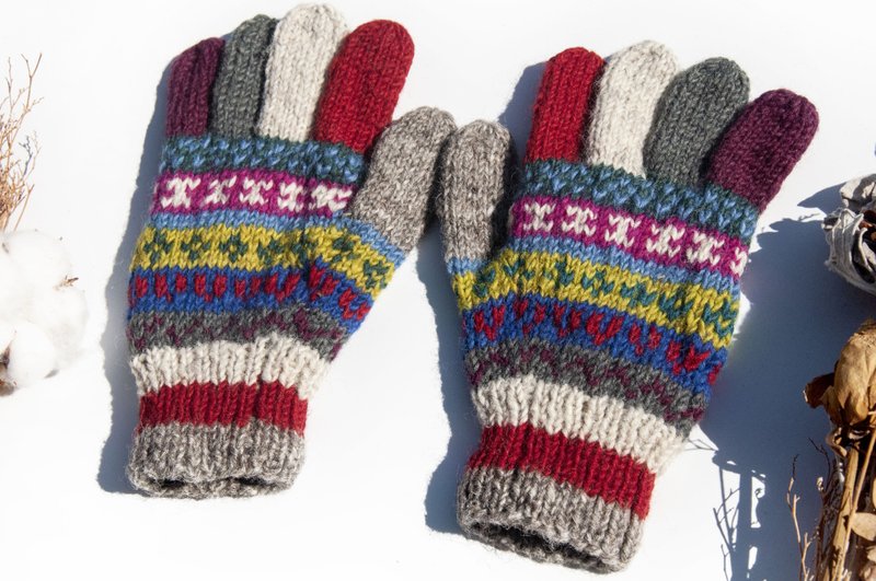 手織羊毛針織手套 針織純羊毛保暖手套 全指手套-北歐風費爾島風 - 手套/手襪 - 羊毛 多色