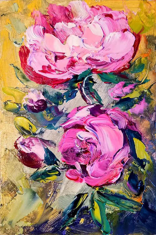 Original oil painting artist Svinar Oksana Peonies Oil Painting Pink Flowers Impasto Original Artist Svinar Oksana