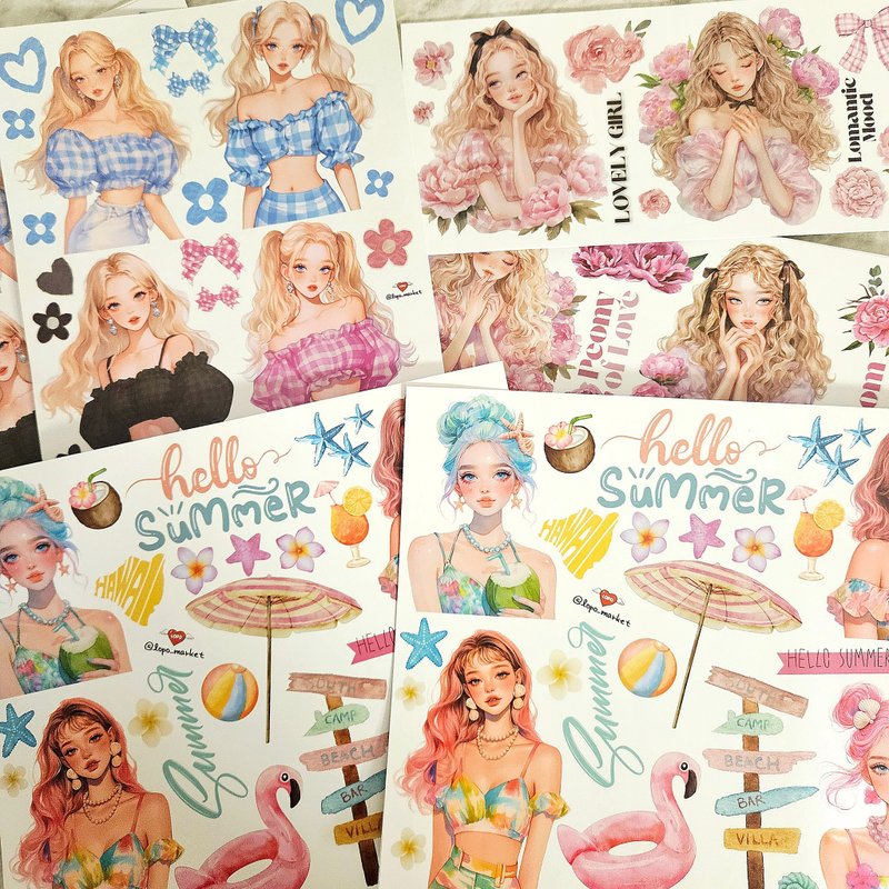 Set 5% OFF— July Summer Mood Girl Character Sticker 3-piece Set - 貼紙 - 紙 